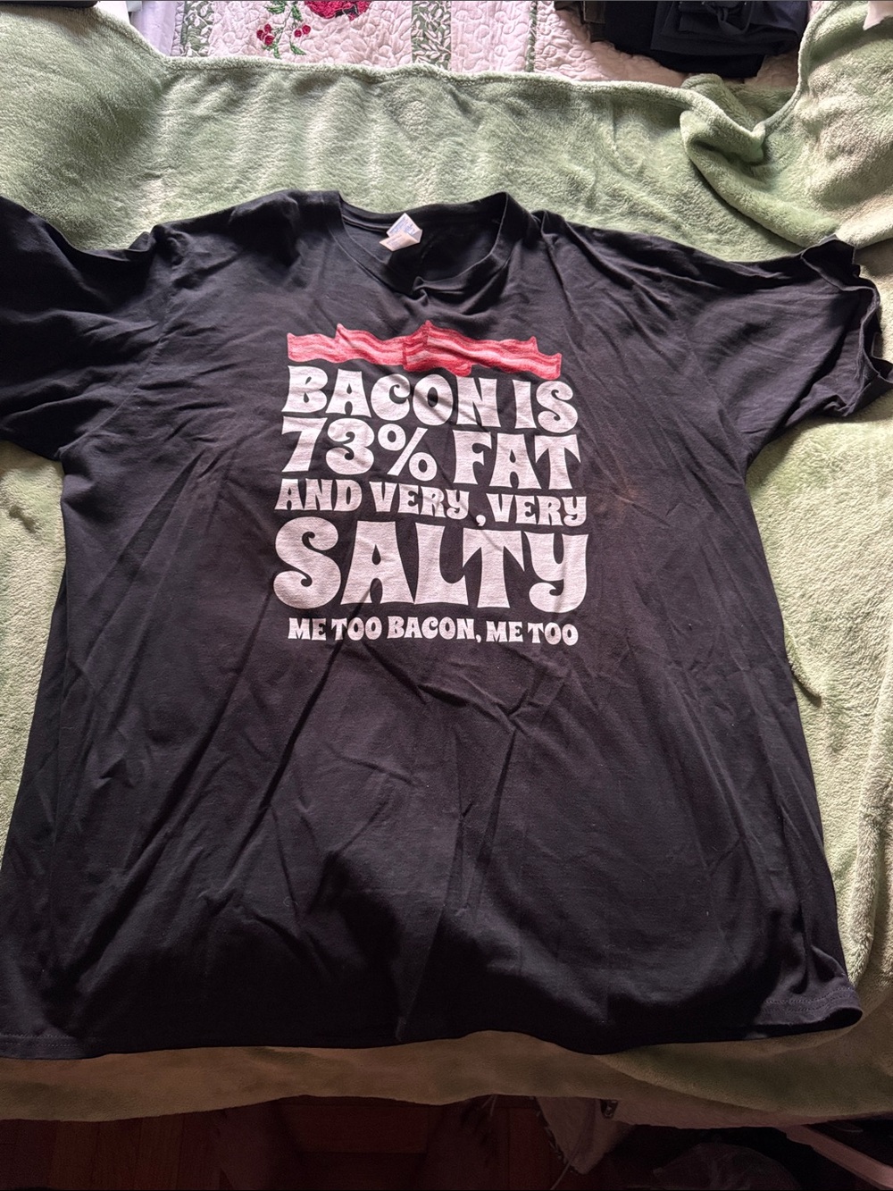 Amazon Black Short Sleeve Graphic Tee with Red Bacon Accent